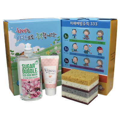 치매예방(케이스변경가능)+슈가버블주방세제+과일나라 핸드에센스+양면 떡수세미 2개