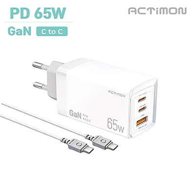 엑티몬 가정용 GaN 지원 PD 65W 초고속 충전기 (C+C+USB)